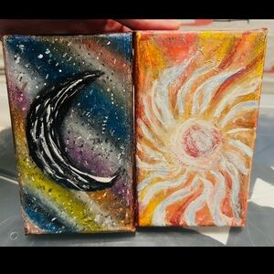 Pair of Tiny Canvas Oil Pastel & Acrylic Celestial Whimsygoth Paintings